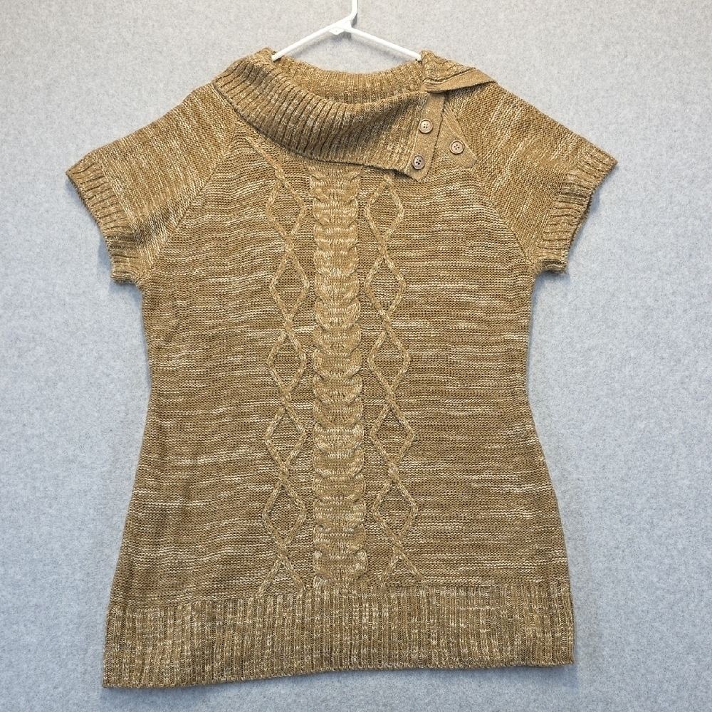 No Boundaries Tan Cable Knit Cowl Neck Sweater Tunic Short Sleeve XXL (19)